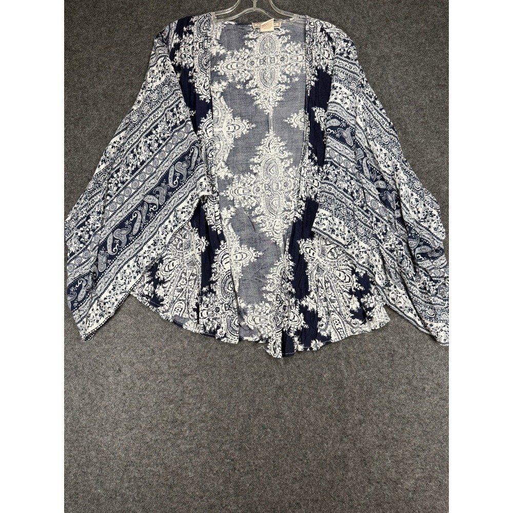 Flying Tomato M/L Kimono Topper Navy Blue White‎ Paisley Print Rayon Cardigan